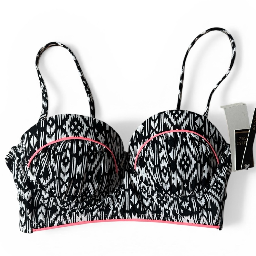 Ninety Six Degrees Black & White Aztec Patterned Padded Bikini Top Pink Trim S